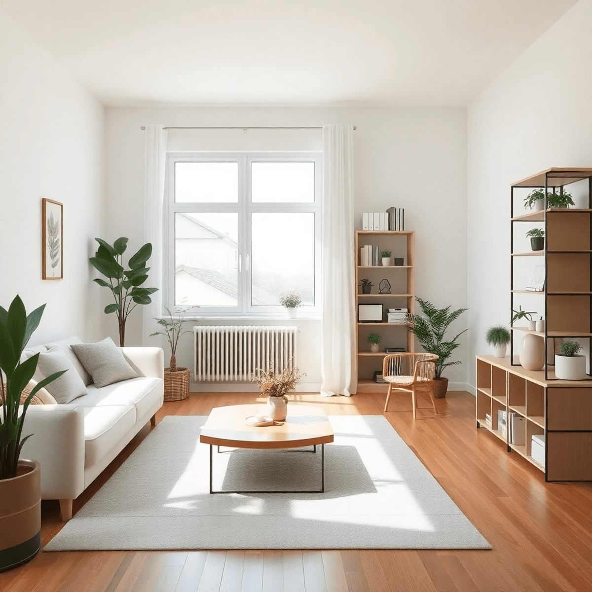 A serene minimalist living space with natural lighting, neatly arranged furniture, organized shelves, and decorative plants, creating a calming atm...