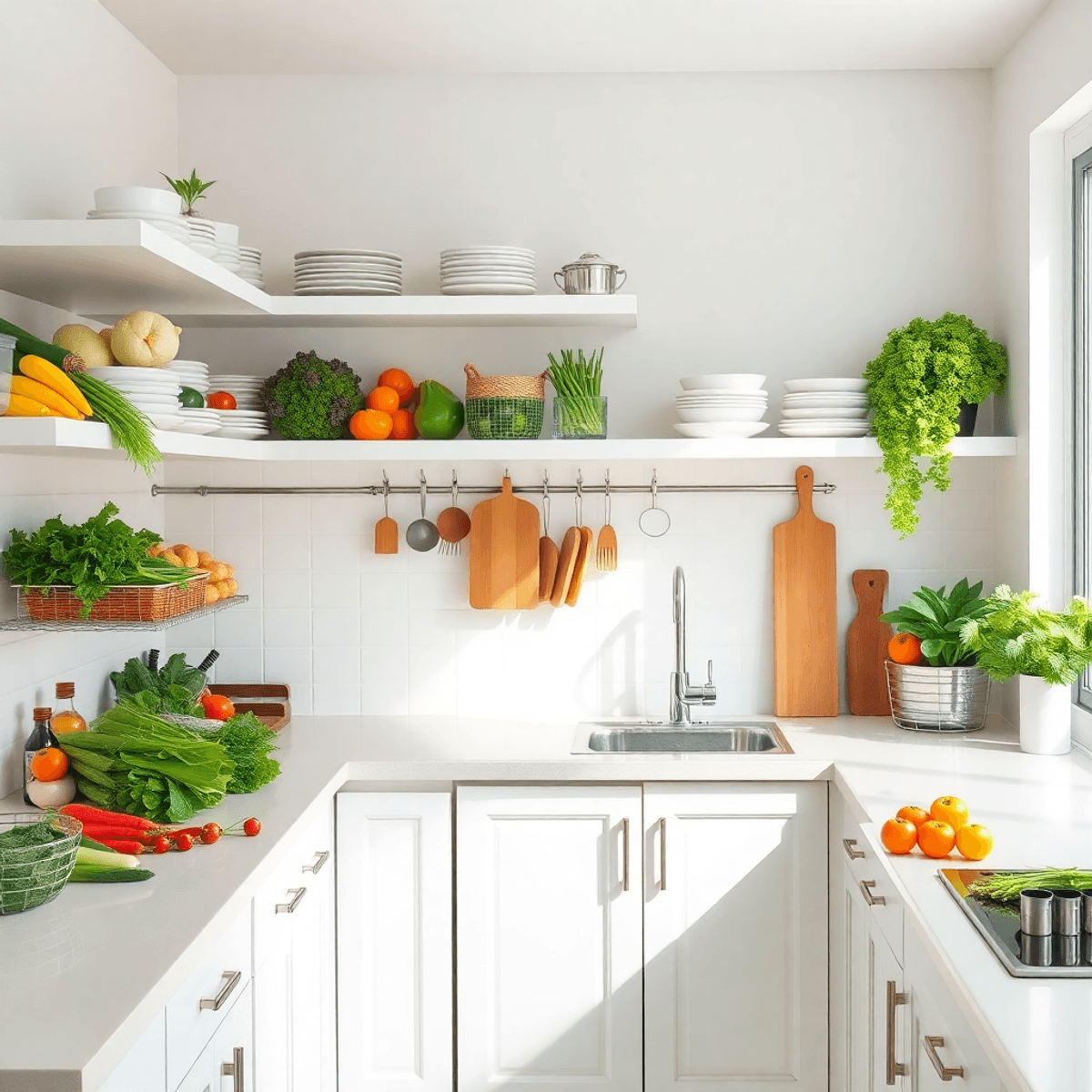 Bright, clean kitchen with organized shelves, fresh vegetables, and neatly arranged cooking utensils, creating a calm and inviting atmosphere for m...