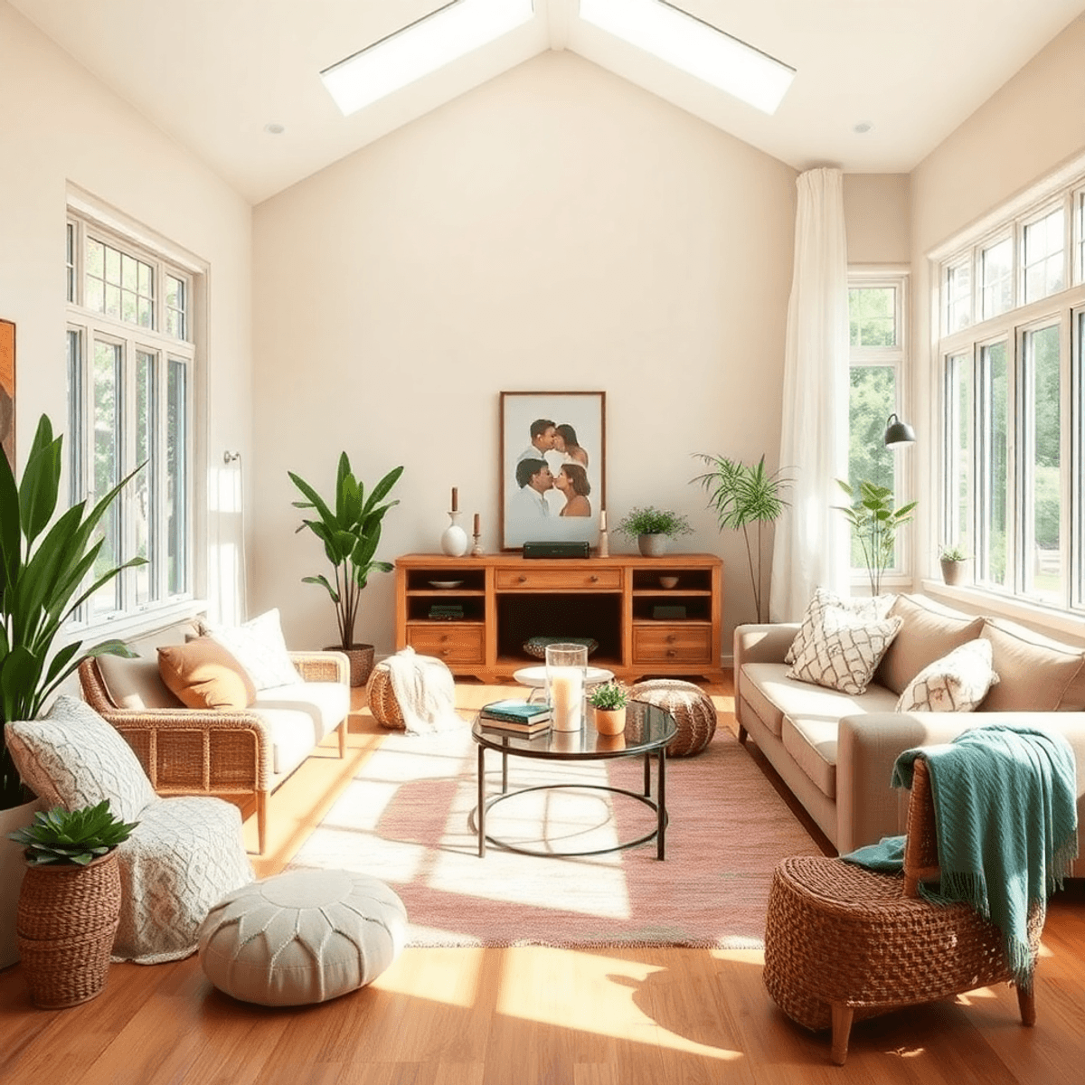 Sunlit living room with cozy cushions, plants, candles, and organized decor, creating a warm, inviting, and serene atmosphere.