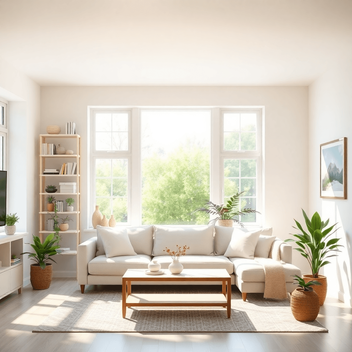 Sunlit living room with large windows, organized shelves, cozy seating, pastel colors, and natural plants creating a calm and joyful atmosphere.