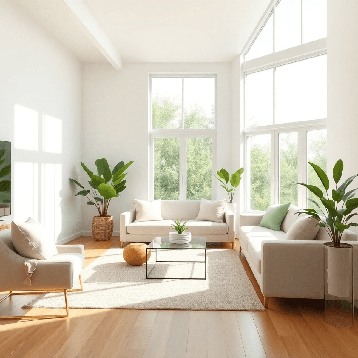 Sunlit minimalist living room with large windows, soft green and blue tones, plants, smooth stones, and organized decor creating a calm, inviting a...