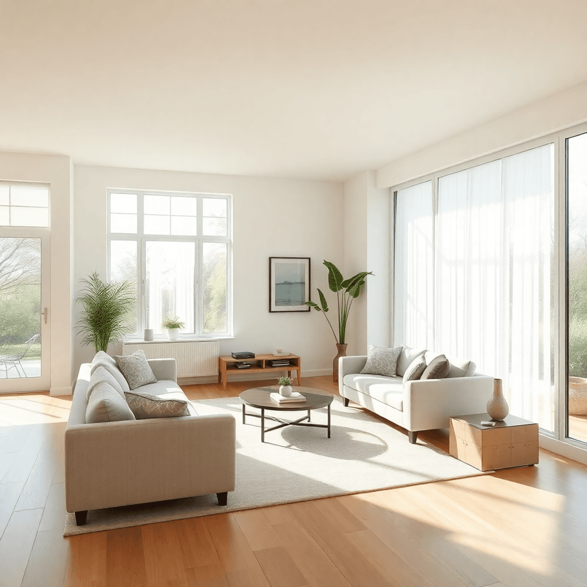 Sunlit serene living room with large windows, minimalistic decor, and neatly arranged furniture creating a calm, clutter-free atmosphere.